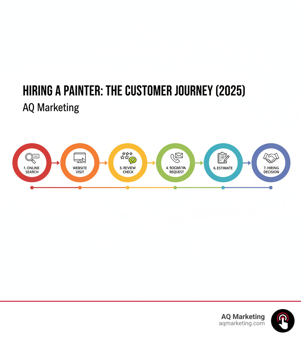 infographic showing the customer journey for hiring a painter: online search, website visit, review check, social media review, contact request, estimate, hiring decision - Marketing for painters infographic infographic showing the customer journey for hiring a painter: online search, website visit, review check, social media review, contact request, estimate, hiring decision - Marketing for painters infographic