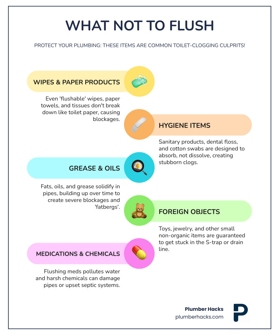 Infographic showing items that should never be flushed down a toilet including baby wipes, cotton swabs, sanitary products, dental floss, paper towels, tissues, cotton balls, medications, grease or wax, and children's toys, with only human waste and toilet paper marked as safe to flush - plumbers toilet unblocker infographic infographic-line-5-steps-colors
