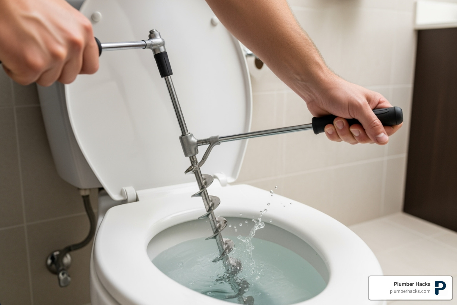 Toilet auger clearing a clog - plumbers toilet unblocker
