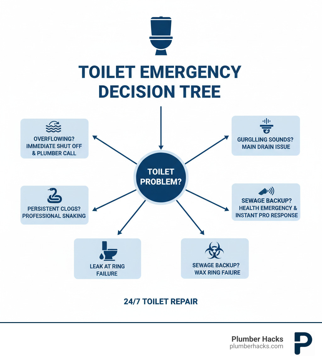 infographic showing toilet emergency decision tree: overflow requires immediate shutoff and plumber call, persistent clogs need professional snaking, leaks at base indicate wax ring failure, gurgling sounds suggest main drain issues, and sewage backup is a health emergency requiring instant professional response - 24 7 toilet repair infographic 