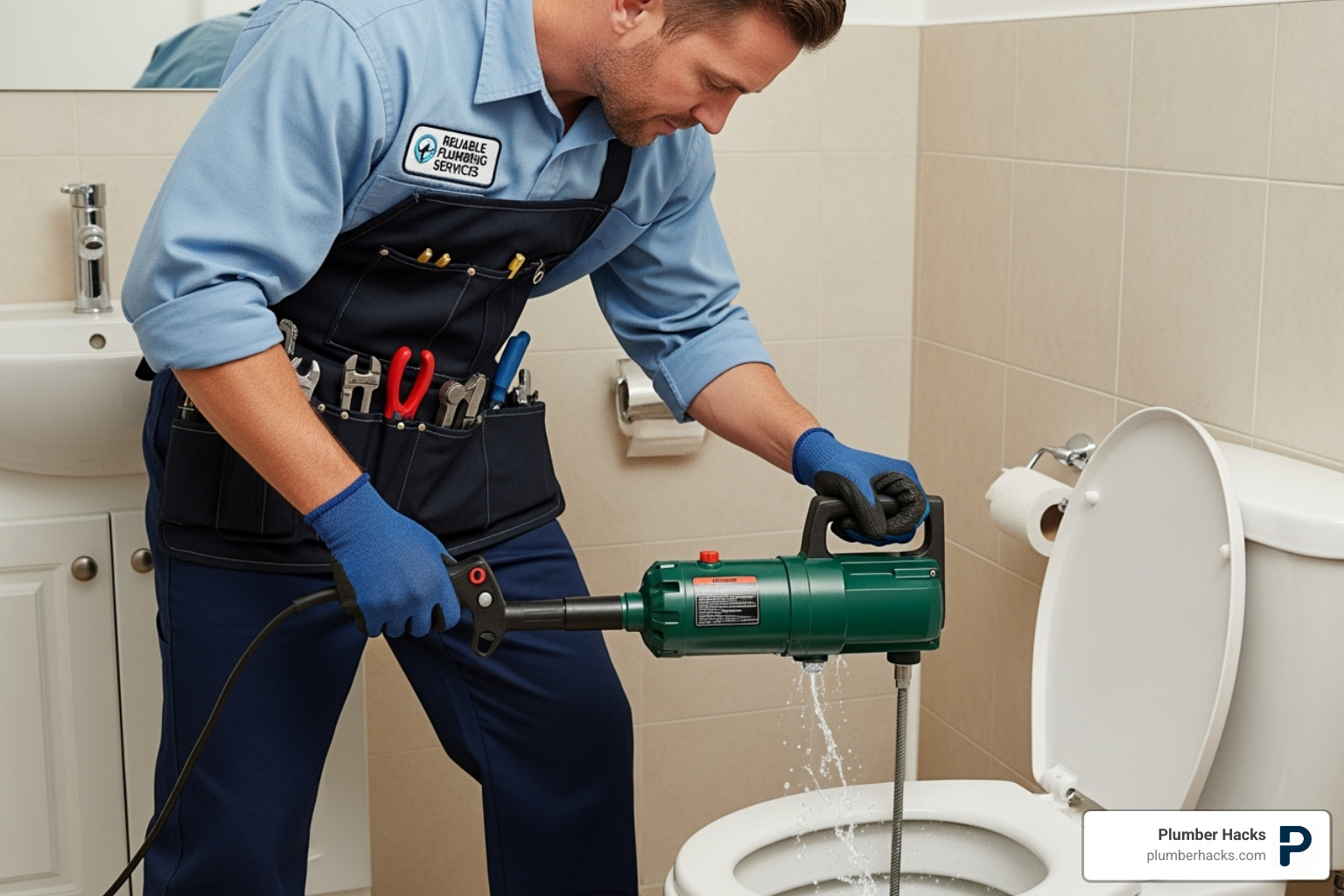 plumber using professional drain snake - 24 7 toilet repair