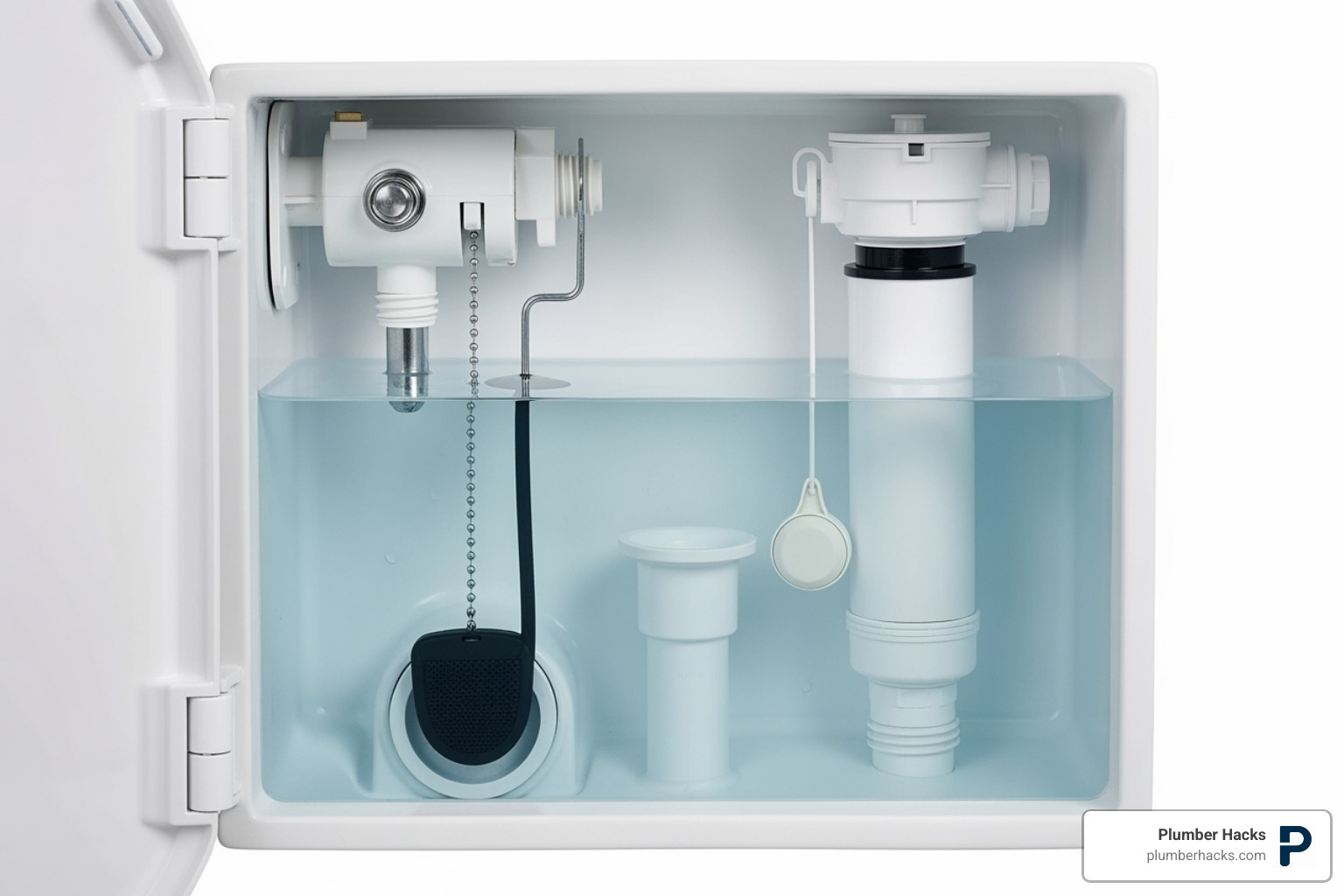 Inside of a toilet tank with parts labeled: flush handle, lift chain, flapper, overflow tube, fill valve, float - Toilet plumbing issues Inside of a toilet tank with parts labeled: flush handle, lift chain, flapper, overflow tube, fill valve, float - Toilet plumbing issues