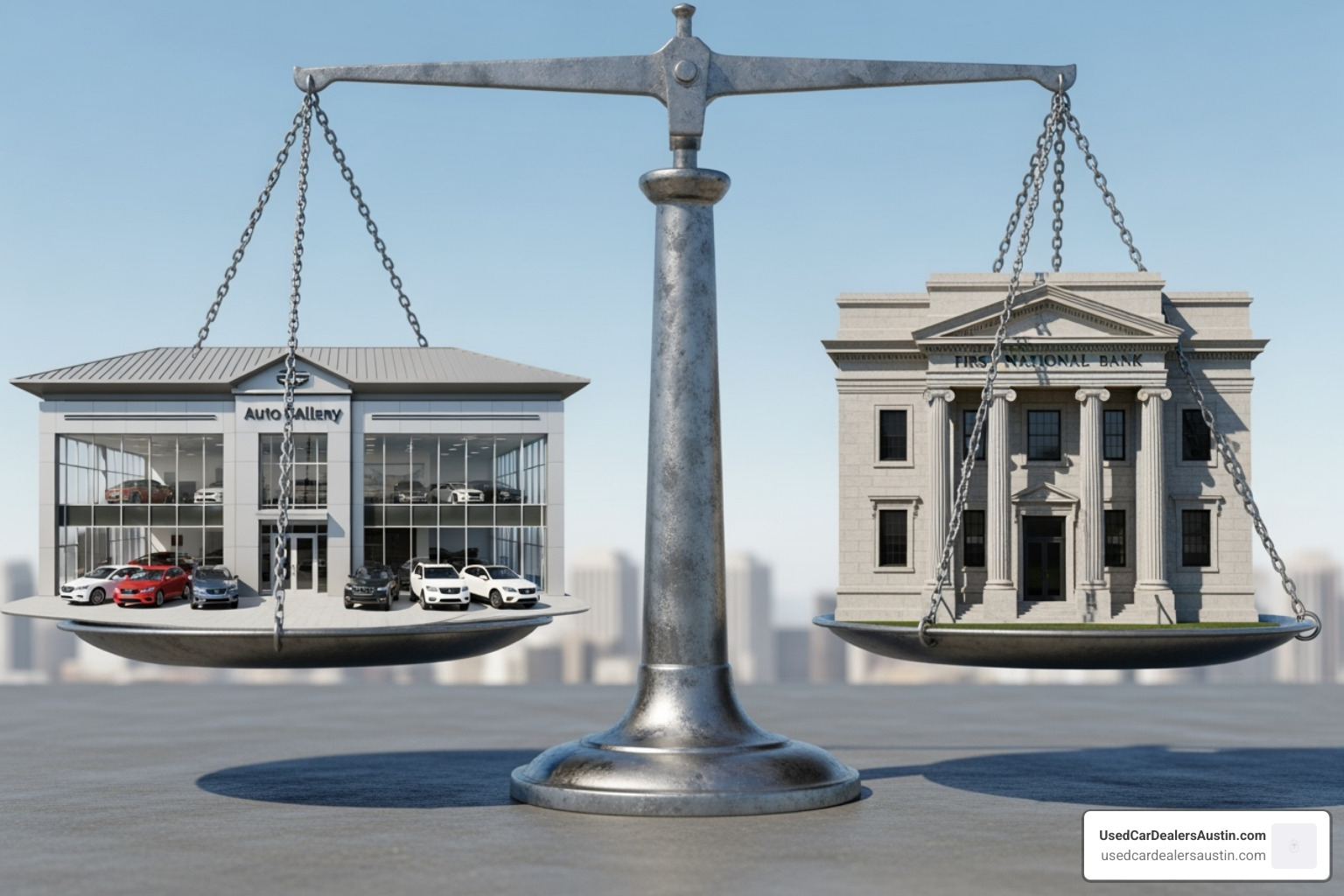A scale balancing a dealership building on one side and a generic financial institution on the other, symbolizing the choice between in-house and traditional financing. - in house car financing