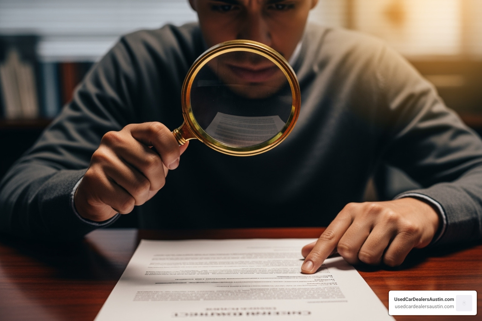 A person carefully reading a financing contract with a magnifying glass, emphasizing attention to detail. - in house car financing