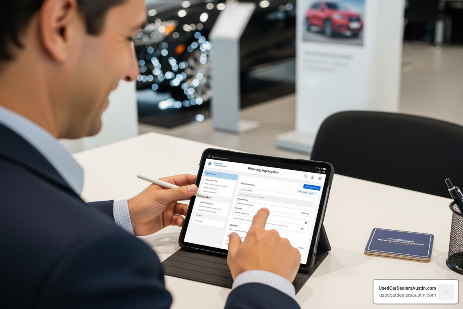 A customer smiling as they fill out a simple financing application form on a tablet at a dealership desk. - in house car financing