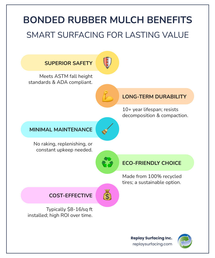 Infographic showing bonded rubber mulch benefits: Made from 100% recycled tires, 10+ year lifespan, meets ASTM safety standards for fall height protection, requires minimal maintenance (no raking or replenishing), costs $8-16 per square foot installed, available in multiple colors, ADA compliant, and eco-friendly sustainable choice - bonded rubber mulch price infographic infographic-line-5-steps-colors