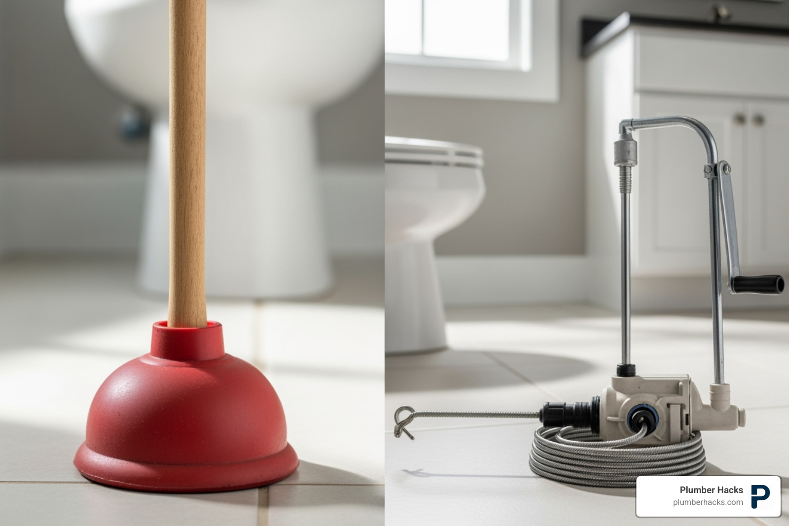 Image comparing a standard plunger to a professional drain auger - Blocked toilet cost