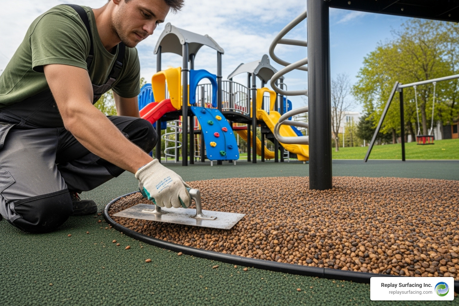 installer professionally troweling bonded rubber mulch around playground equipment - bonded rubber mulch price