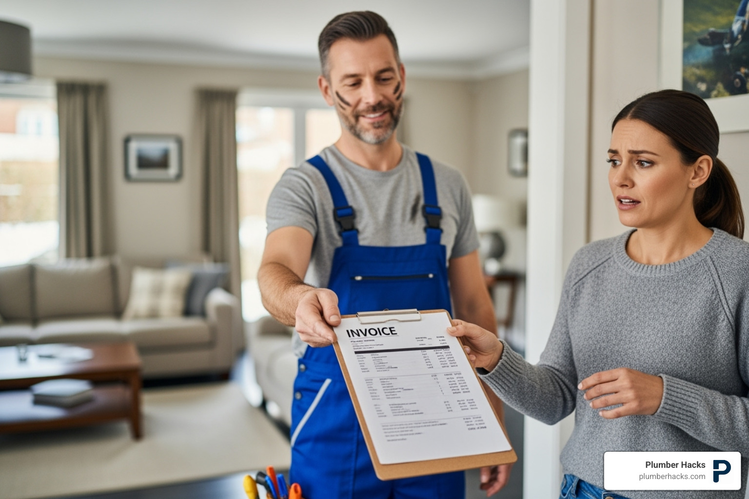 Image of a plumber handing a bill to a homeowner - Blocked toilet cost