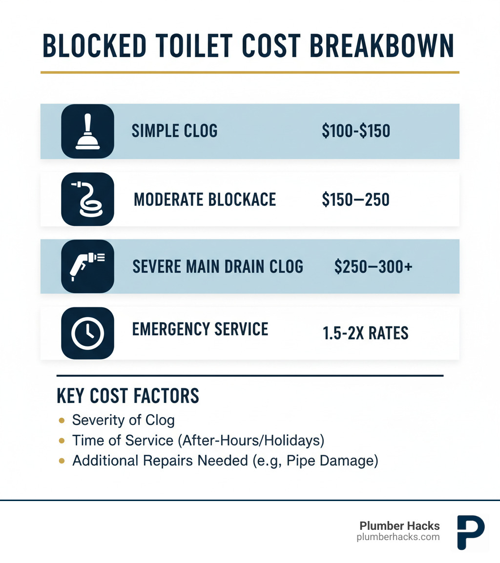 Infographic showing blocked toilet cost breakdown: Simple clog $100-$150 with plunger icon, Moderate blockage $150-$250 with snake tool icon, Severe main drain clog $250-$300+ with professional equipment icon, Emergency service 1.5-2x rates with clock icon, and key cost factors including severity of clog, time of service, location, and additional repairs needed - Blocked toilet cost infographic 