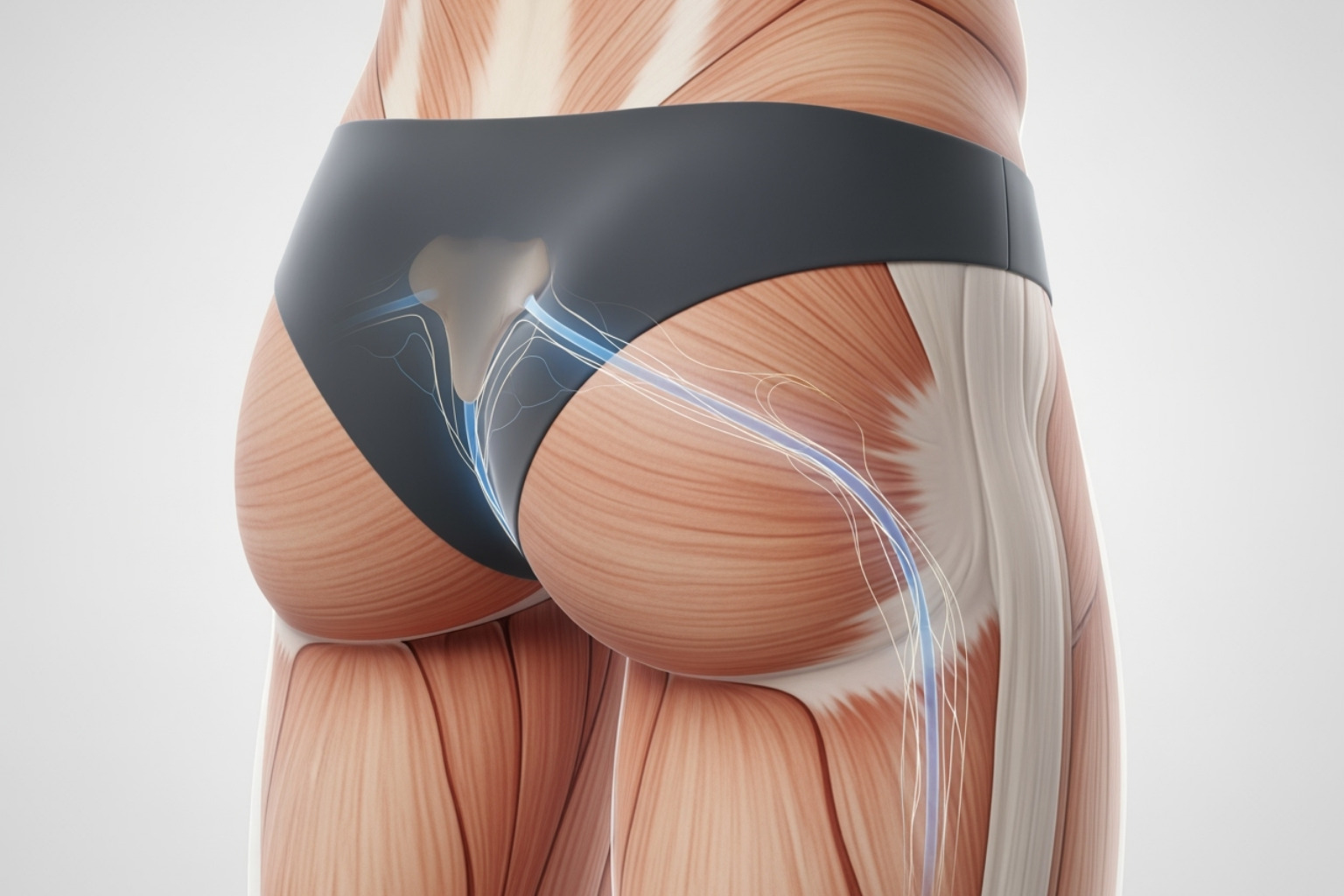 image showing the correct area to apply cream for sciatica (lower back/buttocks), tracing the path of the sciatic nerve - Sciatica Relief Cream