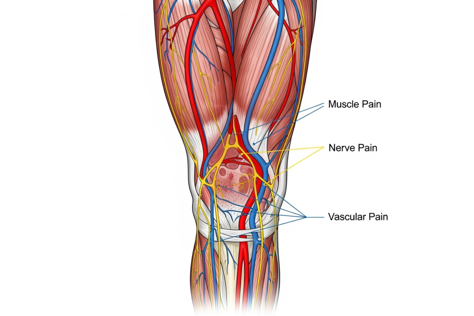image illustrating the difference between muscle, nerve, and vascular pain pathways in the leg - pain relief for legs