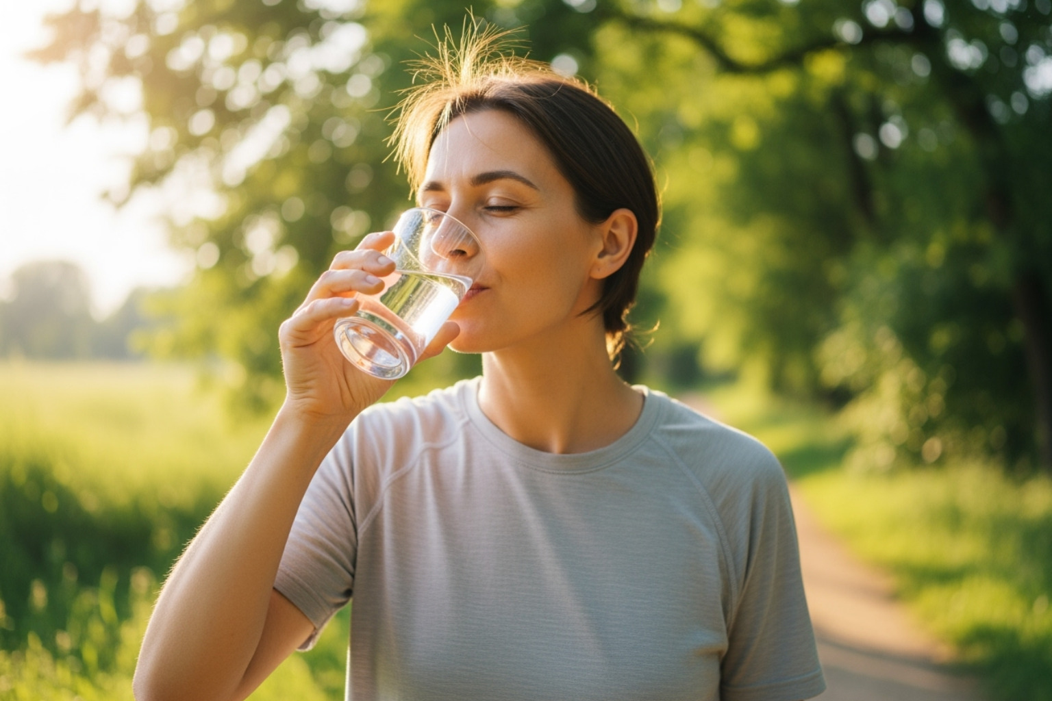 image of a person drinking a glass of water after a walk - pain relief for legs