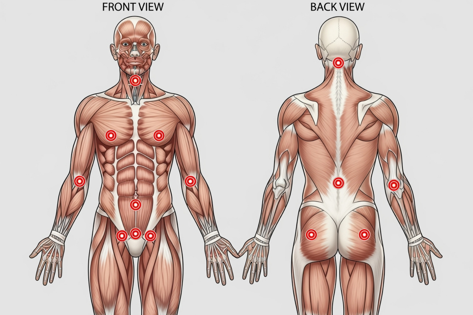 Diagram highlighting common fibromyalgia tender points on the body - fibromyalgia treatment