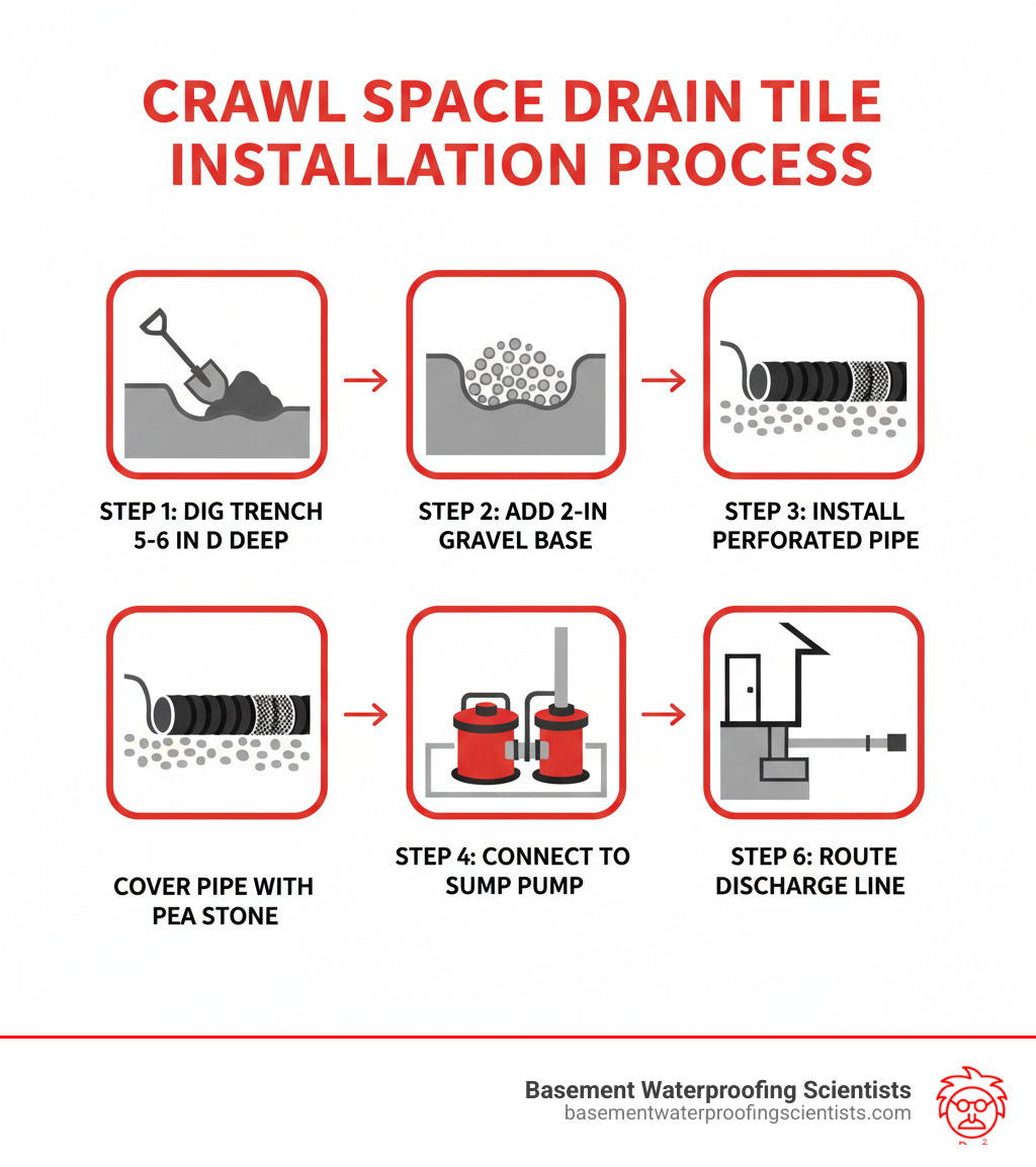 Crawl Space Drain Tile Installation Process: Step 1 - Dig trench 5-6 inches deep along footing; Step 2 - Add 2-inch gravel base layer; Step 3 - Install perforated pipe with filter sock, holes facing down; Step 4 - Cover pipe with pea stone; Step 5 - Connect to sump pump at lowest point; Step 6 - Route discharge line away from foundation - installing drain tile in crawl space infographic Crawl Space Drain Tile Installation Process: Step 1 - Dig trench 5-6 inches deep along footing; Step 2 - Add 2-inch gravel base layer; Step 3 - Install perforated pipe with filter sock, holes facing down; Step 4 - Cover pipe with pea stone; Step 5 - Connect to sump pump at lowest point; Step 6 - Route discharge line away from foundation - installing drain tile in crawl space infographic
