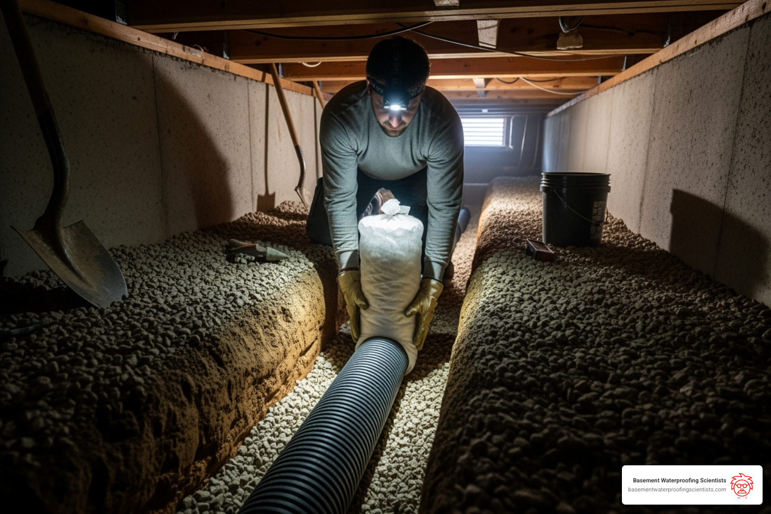 perforated pipe with a filter sock being placed in a gravel-lined trench - installing drain tile in crawl space perforated pipe with a filter sock being placed in a gravel-lined trench - installing drain tile in crawl space