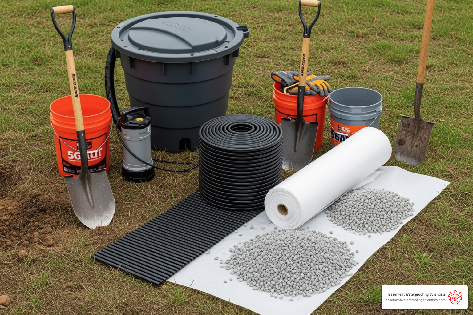 Necessary tools and materials for a drain tile installation - installing drain tile in crawl space Necessary tools and materials for a drain tile installation - installing drain tile in crawl space