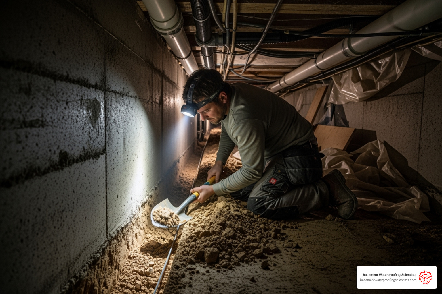 person digging a precise trench along the interior perimeter of a crawl space - installing drain tile in crawl space person digging a precise trench along the interior perimeter of a crawl space - installing drain tile in crawl space