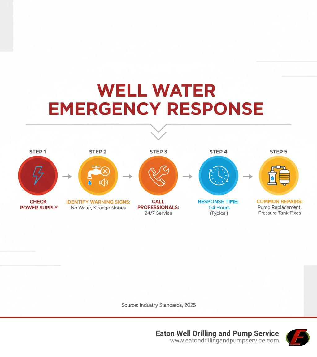 infographic showing step-by-step response to well water emergencies, including checking power supply, identifying warning signs like no water flow and strange noises, when to call professionals, typical emergency service response times, and common emergency repairs like pump replacement and pressure tank fixes - emergency well services infographic 