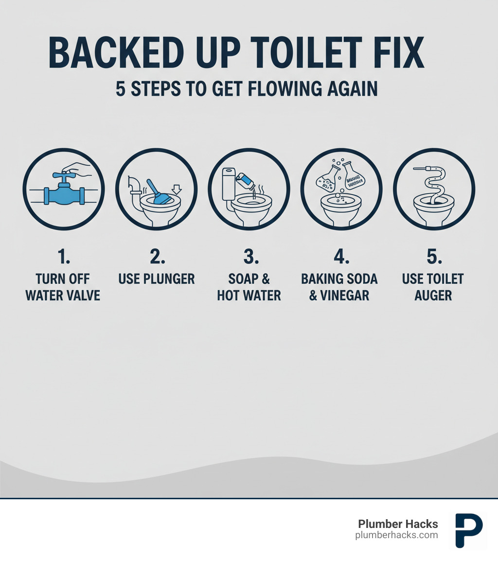 Infographic showing 5 main steps to fix a backed up toilet: 1) Turn off water valve to prevent overflow, 2) Use funnel-cup plunger with a proper seal and firm plunging motion, 3) Pour dish soap and hot water, wait 20 minutes, 4) Try baking soda and vinegar mixture, let sit 20+ minutes, 5) Use toilet auger snake to break up deeper clogs - backed up toilet fix infographic 