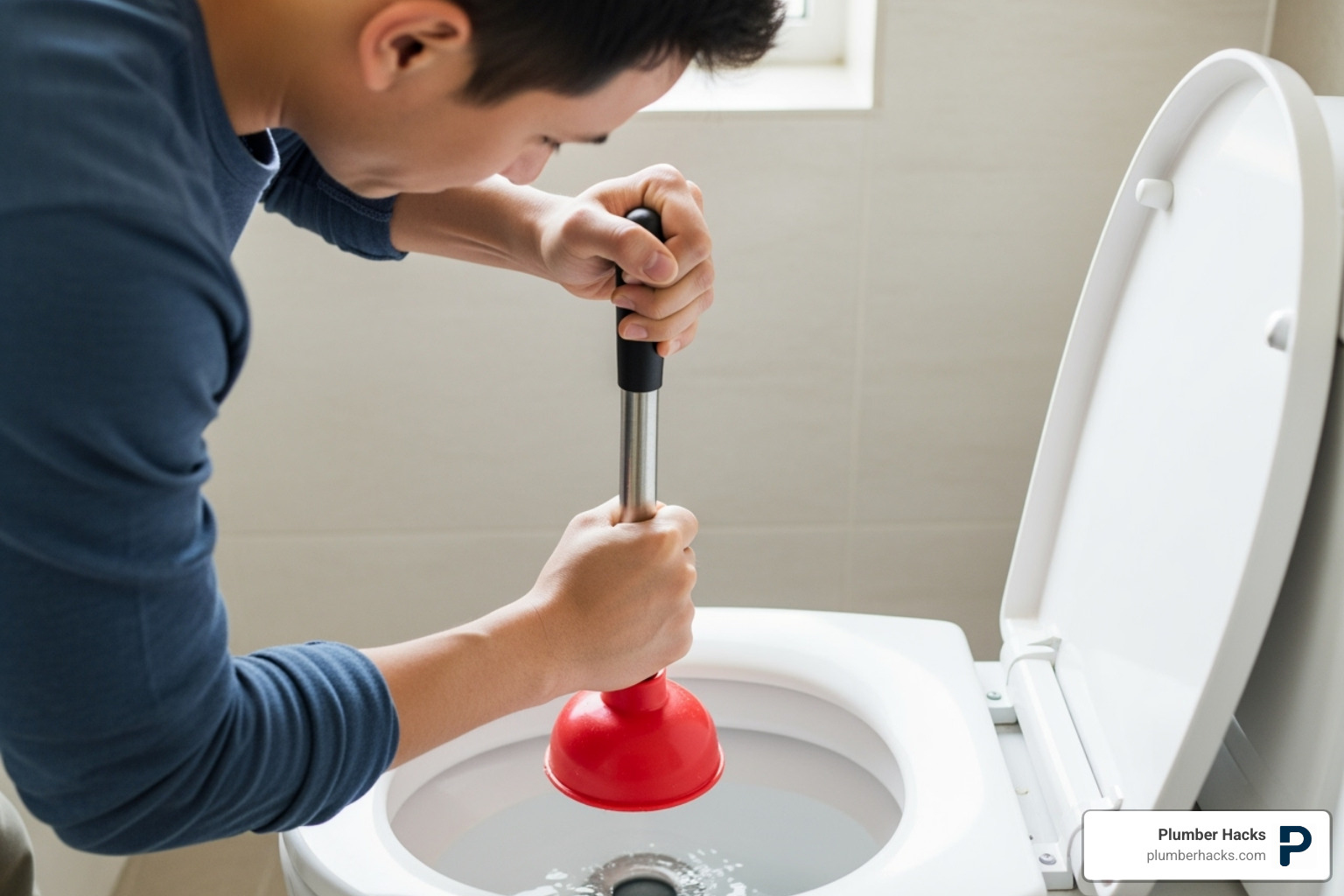 A person correctly using a funnel-cup plunger on a toilet - backed up toilet fix