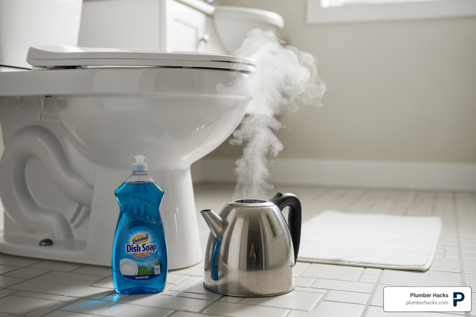 Dish soap and a kettle of hot water next to a toilet - backed up toilet fix