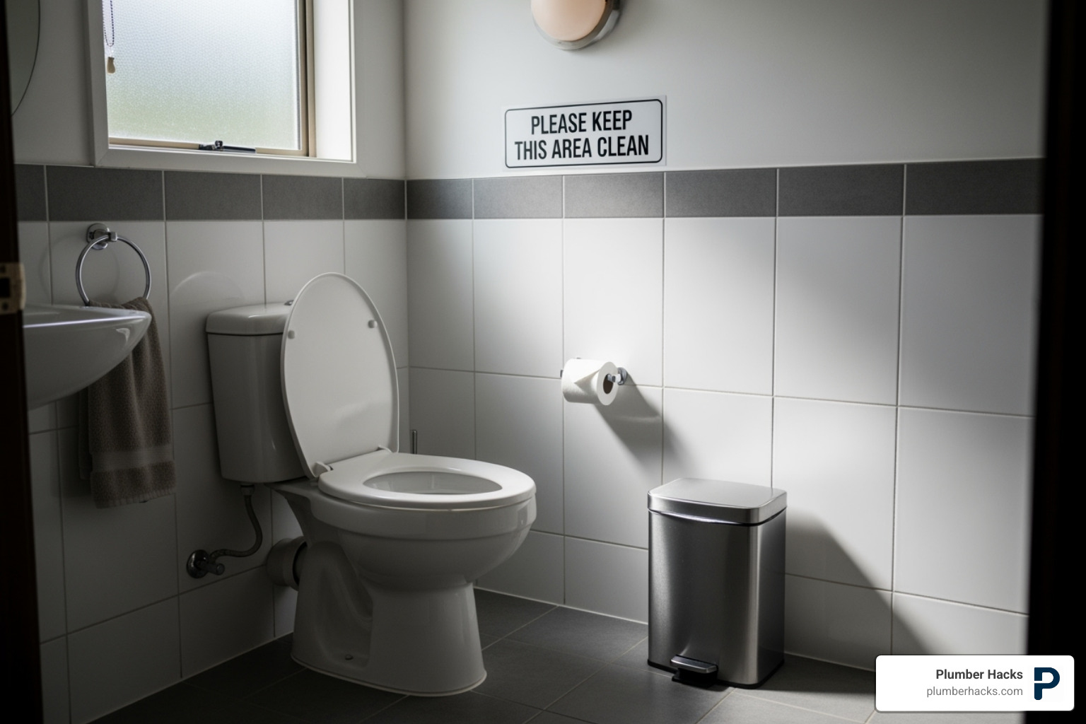 A trash can next to a toilet with a sign that reads "Only Flush Toilet Paper" - backed up toilet fix