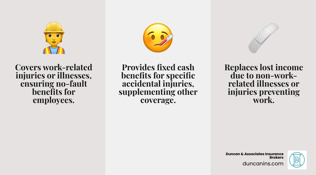 Infographic comparing Workers' Comp, Short/Long-Term Disability, and Accident Insurance - workers compensation program infographic 3_facts_emoji_grey