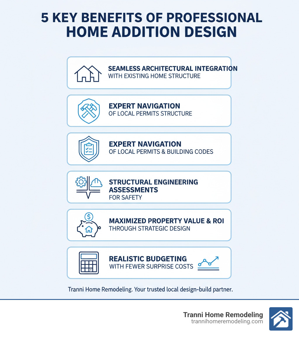 infographic showing five key benefits of professional home addition design: seamless architectural integration with existing home structure, expert navigation of local permits and building codes, structural engineering assessments for safety, maximized property value and roi through strategic design, and realistic budgeting with fewer surprise costs during construction - home addition designers near me infographic 