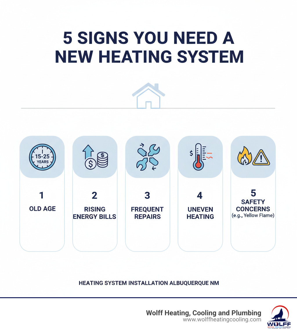Infographic showing the top 5 signs you need a new heating system: 1) System age of 15-25 years, 2) Steadily increasing energy bills indicating efficiency loss, 3) Frequent repair calls and breakdowns, 4) Inconsistent temperatures and cold spots throughout the home, 5) Safety concerns like yellow flames or carbon monoxide risks from cracked heat exchangers - heating system installation albuquerque nm infographic  Infographic showing the top 5 signs you need a new heating system: 1) System age of 15-25 years, 2) Steadily increasing energy bills indicating efficiency loss, 3) Frequent repair calls and breakdowns, 4) Inconsistent temperatures and cold spots throughout the home, 5) Safety concerns like yellow flames or carbon monoxide risks from cracked heat exchangers - heating system installation albuquerque nm infographic