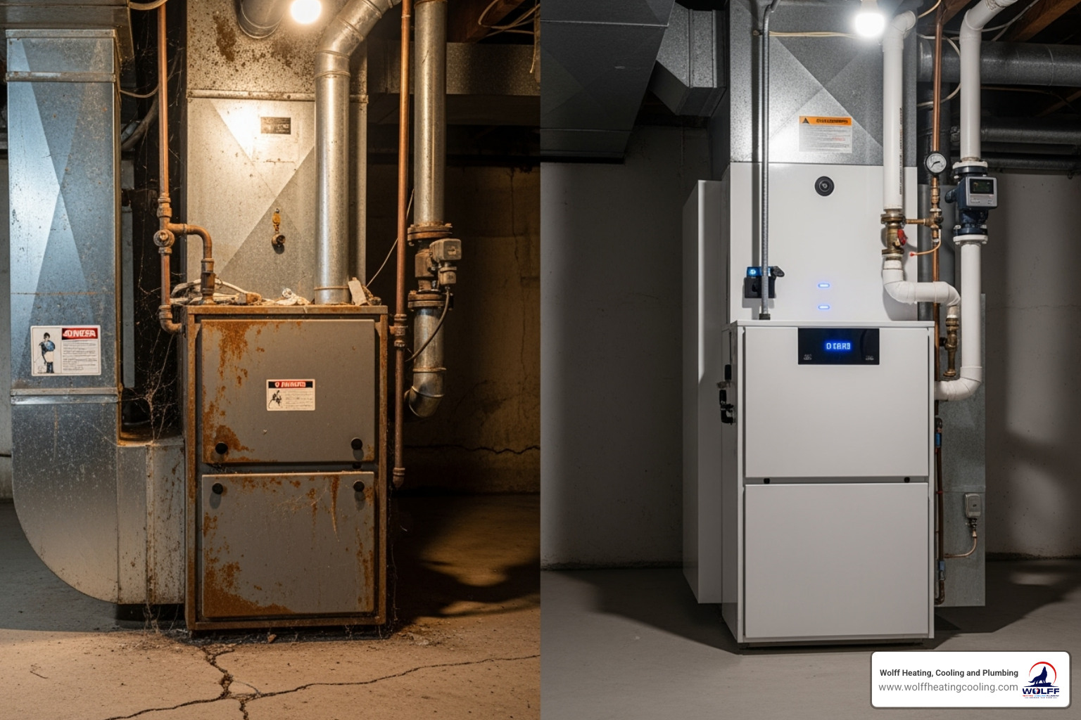 An old, inefficient furnace stands next to a sleek, new, modern heating system, symbolizing an upgrade. - heating system installation albuquerque nm An old, inefficient furnace stands next to a sleek, new, modern heating system, symbolizing an upgrade. - heating system installation albuquerque nm