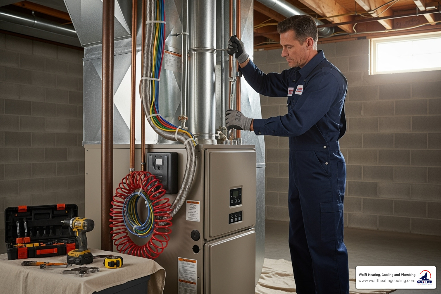 A certified technician professionally installing a new furnace, carefully connecting components and ensuring proper fit. - heating system installation albuquerque nm A certified technician professionally installing a new furnace, carefully connecting components and ensuring proper fit. - heating system installation albuquerque nm