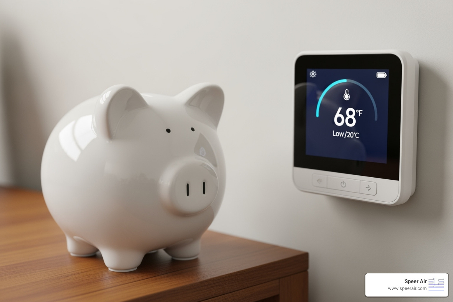 of a piggy bank next to a modern thermostat showing a low temperature - energy efficient hvac system rockaway