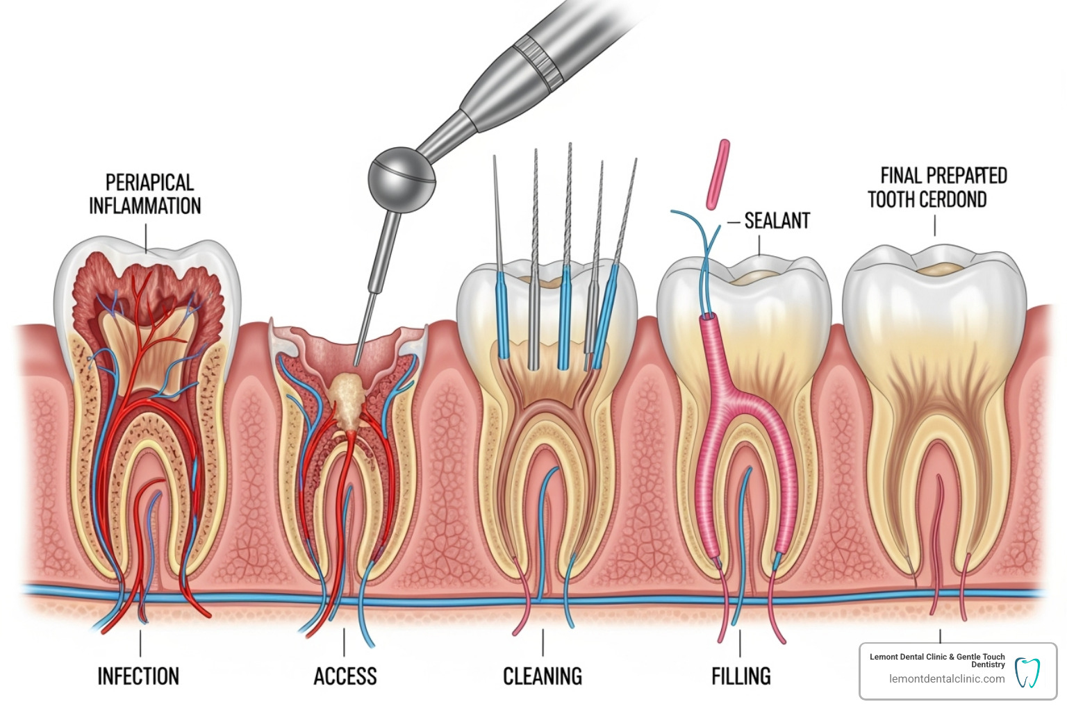 Illustrative diagram showing the stages of a root canal procedure: initial infection, drilling access hole, cleaning and shaping canals, filling and sealing, and final crown placement. - root canal dentist palos hills Illustrative diagram showing the stages of a root canal procedure: initial infection, drilling access hole, cleaning and shaping canals, filling and sealing, and final crown placement. - root canal dentist palos hills