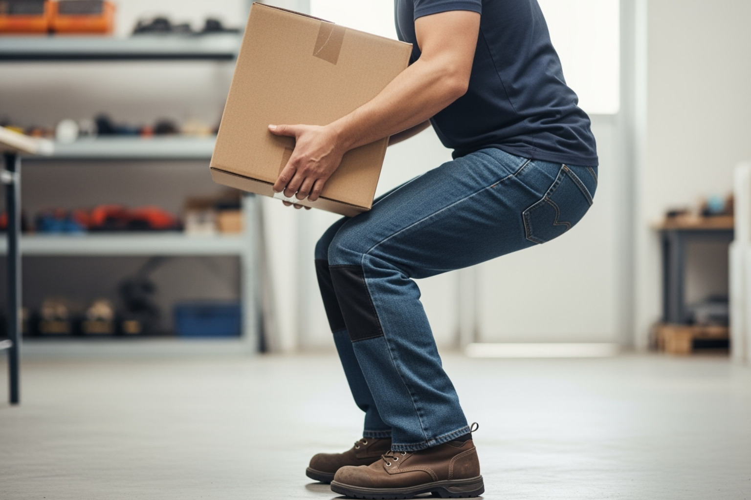 A person demonstrating correct lifting technique by bending at the knees, keeping their back straight, and lifting with their legs - back and neck