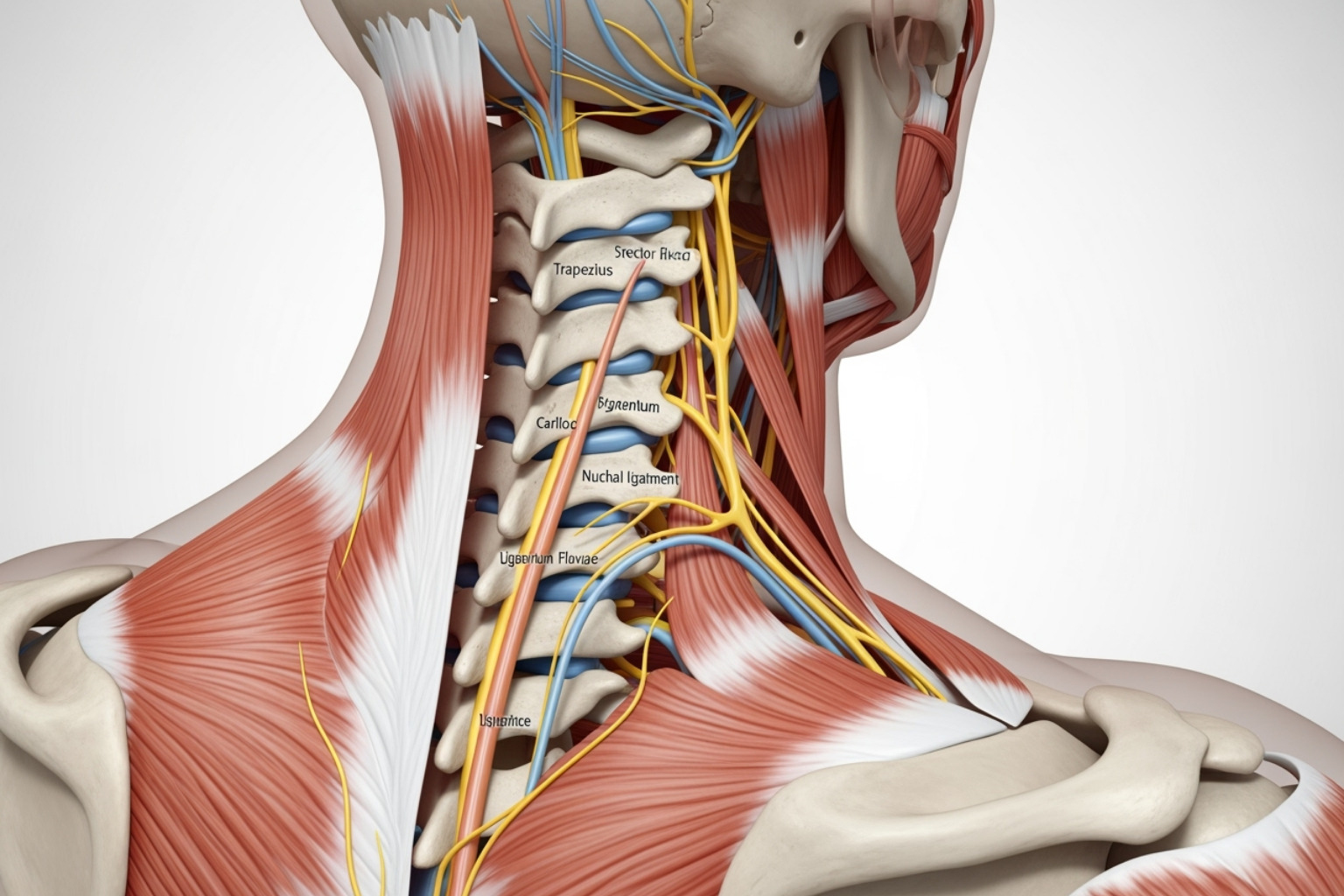 Anatomy of the spine illustrating vertebrae, intervertebral discs, and nerves - back and neck