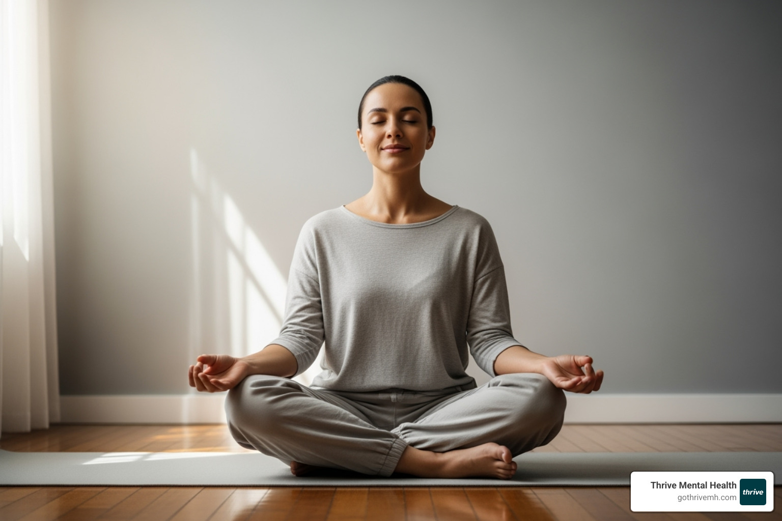 A person sitting peacefully with their eyes closed, looking relaxed - Somatic Exercises to Improve Your Mental Health