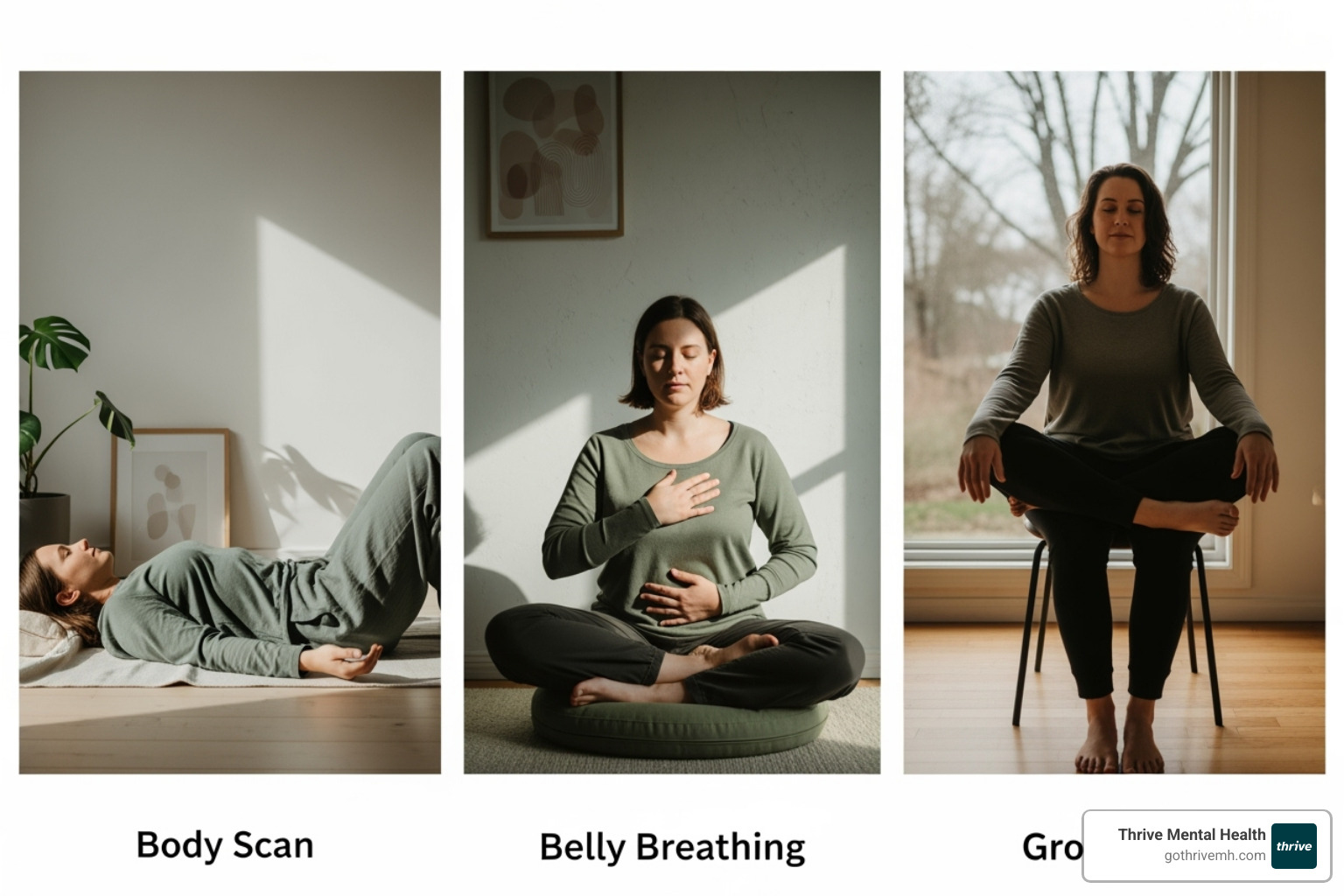 Collage showing starting positions for Body Scan, Belly Breathing, and Grounding exercises - Somatic Exercises to Improve Your Mental Health