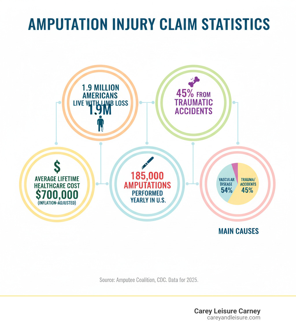 Infographic showing amputation injury claim statistics: 1.9 million Americans live with limb loss, 45% from traumatic accidents, 185,000 amputations performed yearly in the U.S., average lifetime healthcare cost of $700,000 (inflation-adjusted), and the main causes including vascular disease at 54% and trauma/accidents at 45% - amputation injury claim infographic 