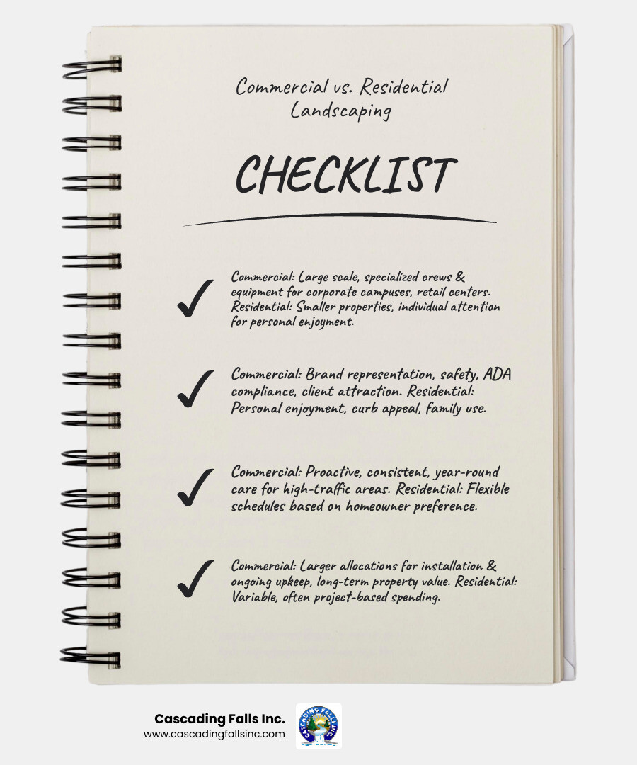 Infographic showing the key differences between commercial and residential landscaping: Commercial landscaping involves larger scale projects with specialized crews and equipment for properties like office parks and retail centers, focuses on brand representation and regulatory compliance including ADA accessibility, requires proactive year-round maintenance for high-traffic areas, and allocates larger budgets for comprehensive design and ongoing care. Residential landscaping covers smaller individual properties, emphasizes personal enjoyment and family use, follows flexible maintenance schedules, and uses variable project-based budgets. - commercial landscaping infographic checklist-notebook Infographic showing the key differences between commercial and residential landscaping: Commercial landscaping involves larger scale projects with specialized crews and equipment for properties like office parks and retail centers, focuses on brand representation and regulatory compliance including ADA accessibility, requires proactive year-round maintenance for high-traffic areas, and allocates larger budgets for comprehensive design and ongoing care. Residential landscaping covers smaller individual properties, emphasizes personal enjoyment and family use, follows flexible maintenance schedules, and uses variable project-based budgets. - commercial landscaping infographic checklist-notebook
