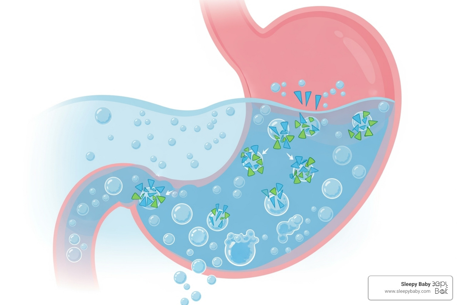 Illustration of simethicone molecules breaking down small gas bubbles and combining them into larger ones in an infant's stomach - infant gas drops ingredients Illustration of simethicone molecules breaking down small gas bubbles and combining them into larger ones in an infant's stomach - infant gas drops ingredients