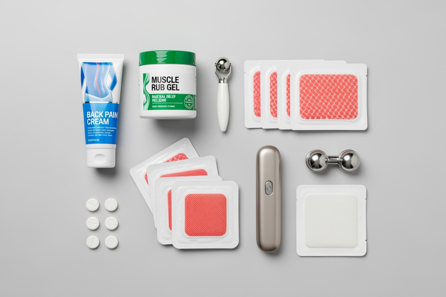 Flat lay of various back pain relief products including creams, gels, and patches, arranged neatly on a light background - Back Pain Relief Cream Flat lay of various back pain relief products including creams, gels, and patches, arranged neatly on a light background - Back Pain Relief Cream