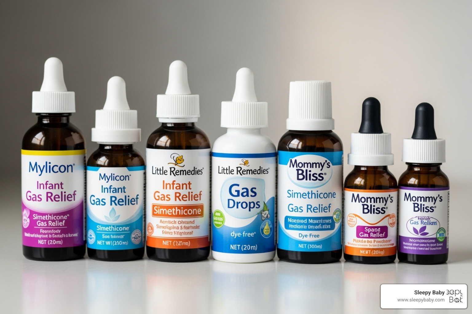 Various brands of infant gas drops bottles lined up, showing their ingredient labels - infant gas drops ingredients Various brands of infant gas drops bottles lined up, showing their ingredient labels - infant gas drops ingredients