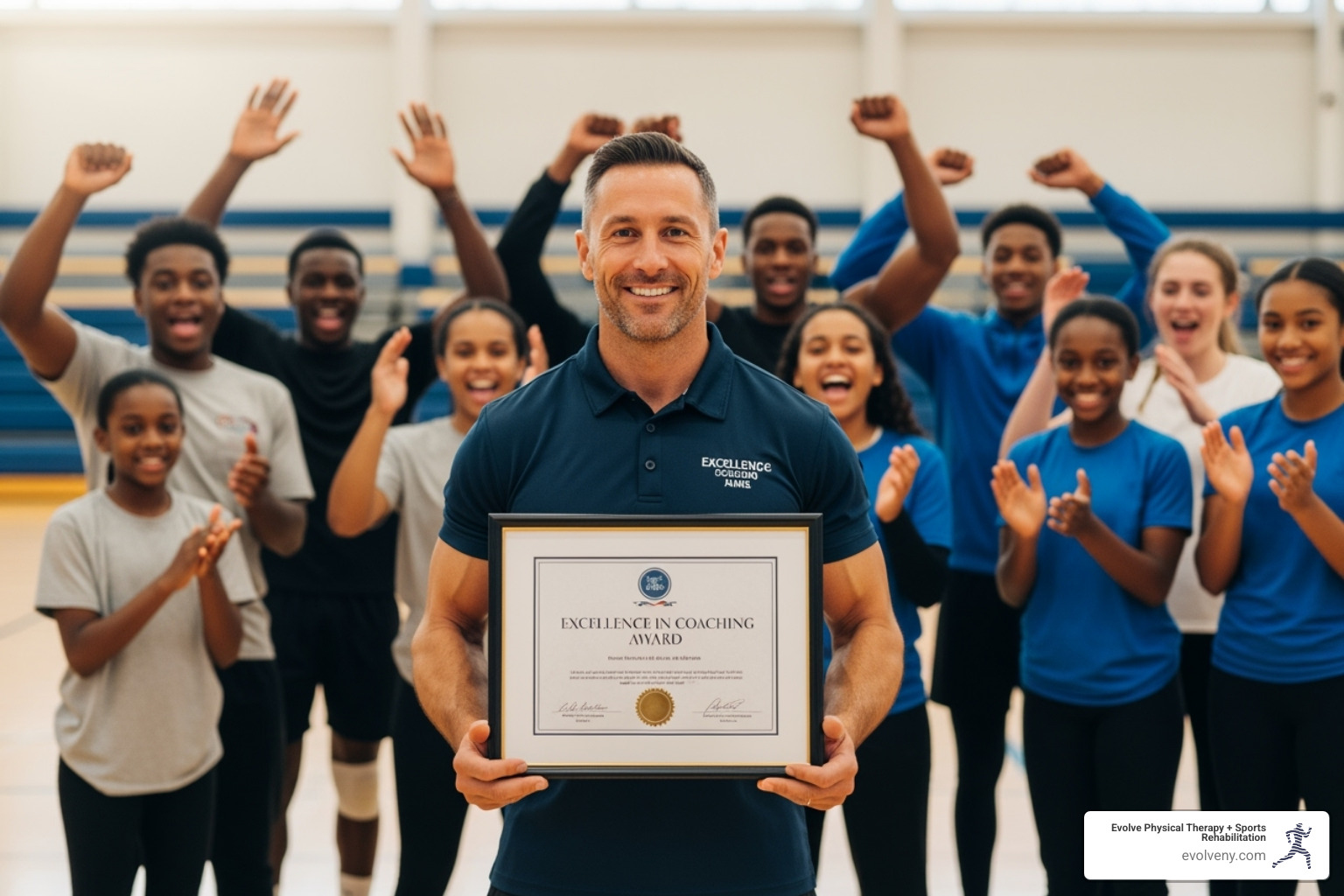 A coach proudly displaying a coaching certificate to their team, with athletes cheering. - sports coaching certification