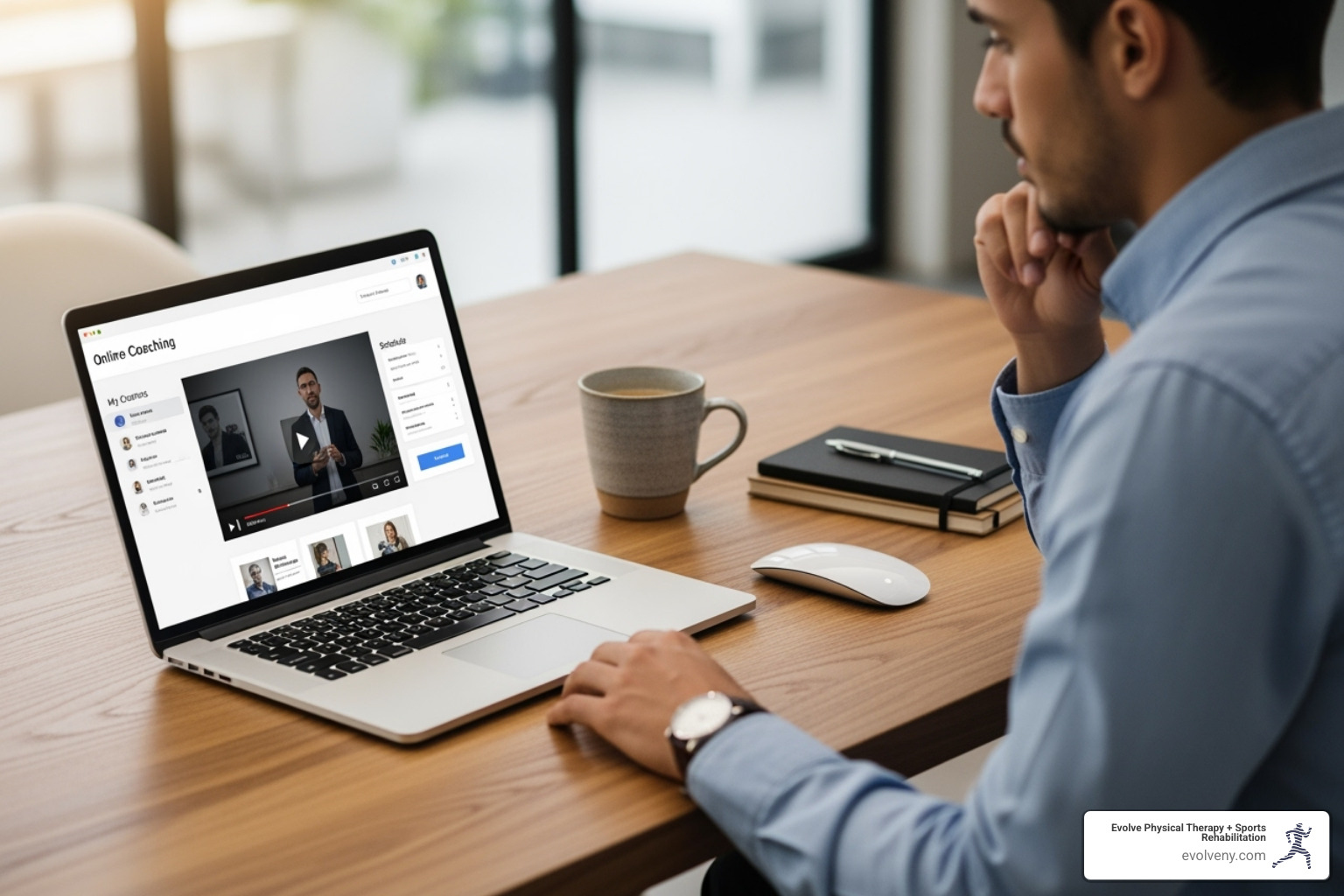 A person at a desk, navigating an online coaching portal on their laptop, with a focused expression. - sports coaching certification