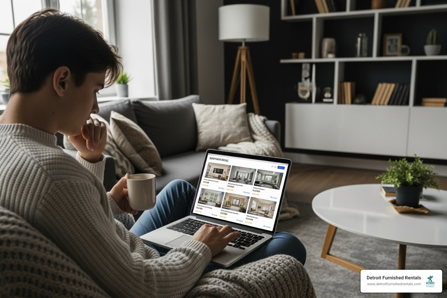 person browsing apartment listings on a laptop - Self contained apartments