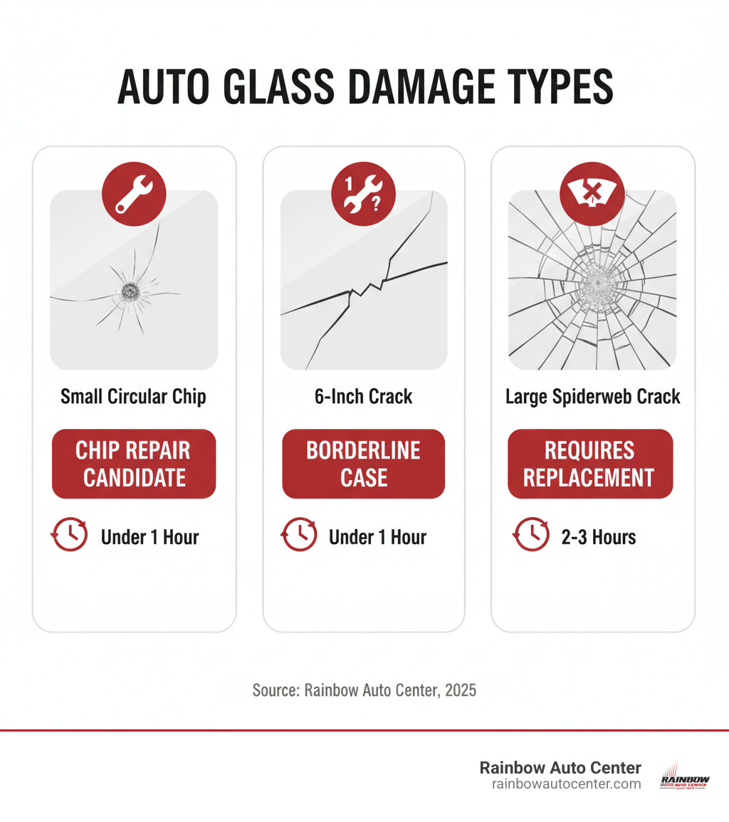 infographic showing three types of windshield damage: a small circular chip labeled chip repair candidate, a 6 inch crack labeled borderline case, and a large spiderweb crack labeled requires replacement, with icons indicating repair time under 1 hour versus replacement time 2 to 3 hours - auto glass repair infographic infographic showing three types of windshield damage: a small circular chip labeled chip repair candidate, a 6 inch crack labeled borderline case, and a large spiderweb crack labeled requires replacement, with icons indicating repair time under 1 hour versus replacement time 2 to 3 hours - auto glass repair infographic