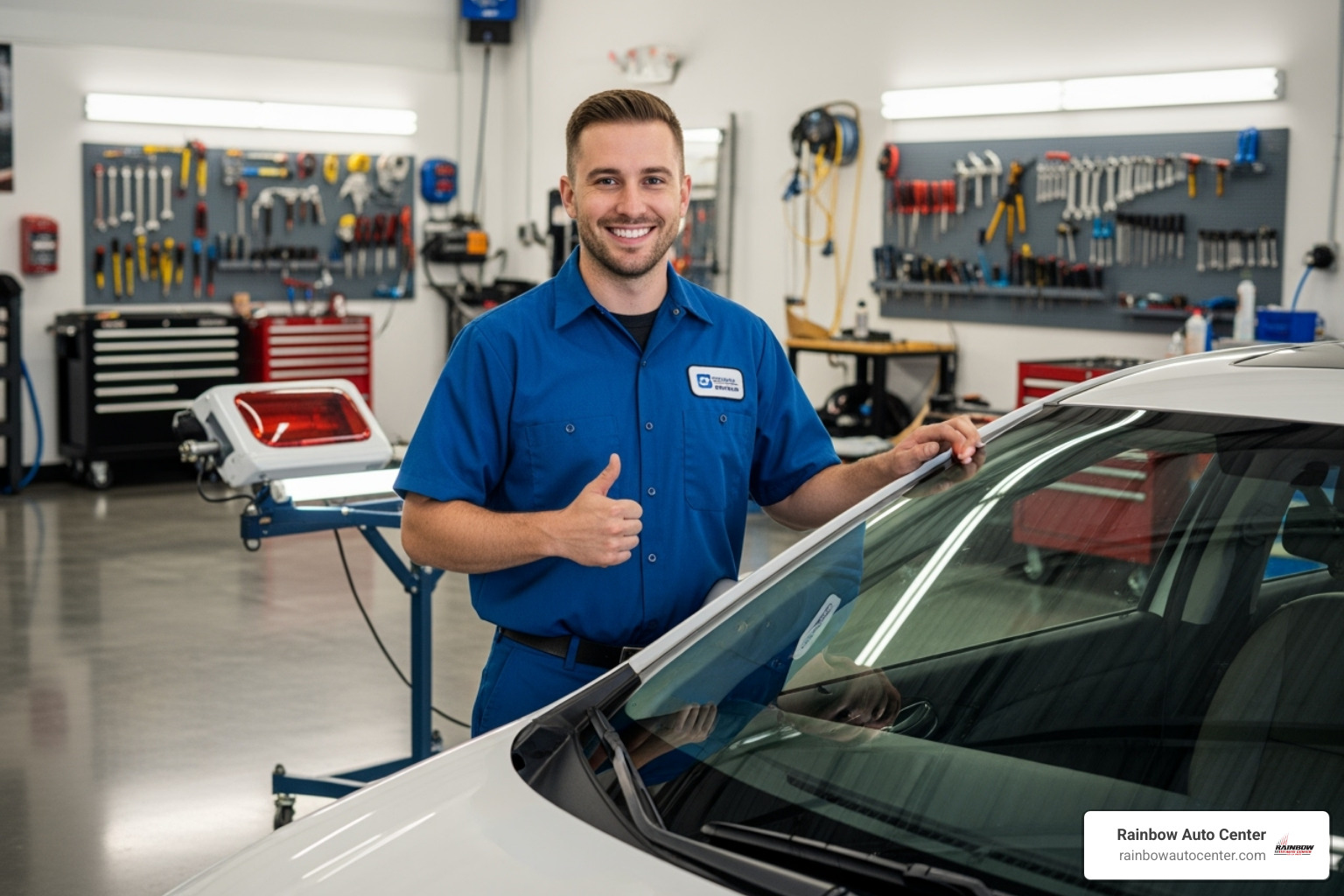 Certified auto glass technician giving a thumbs-up after a successful repair - auto glass repair Certified auto glass technician giving a thumbs-up after a successful repair - auto glass repair