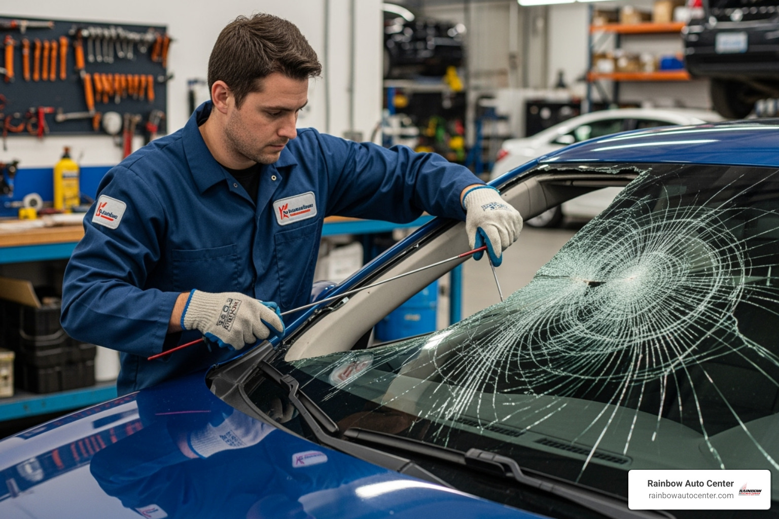 A technician carefully removes a damaged windshield - auto glass repair A technician carefully removes a damaged windshield - auto glass repair