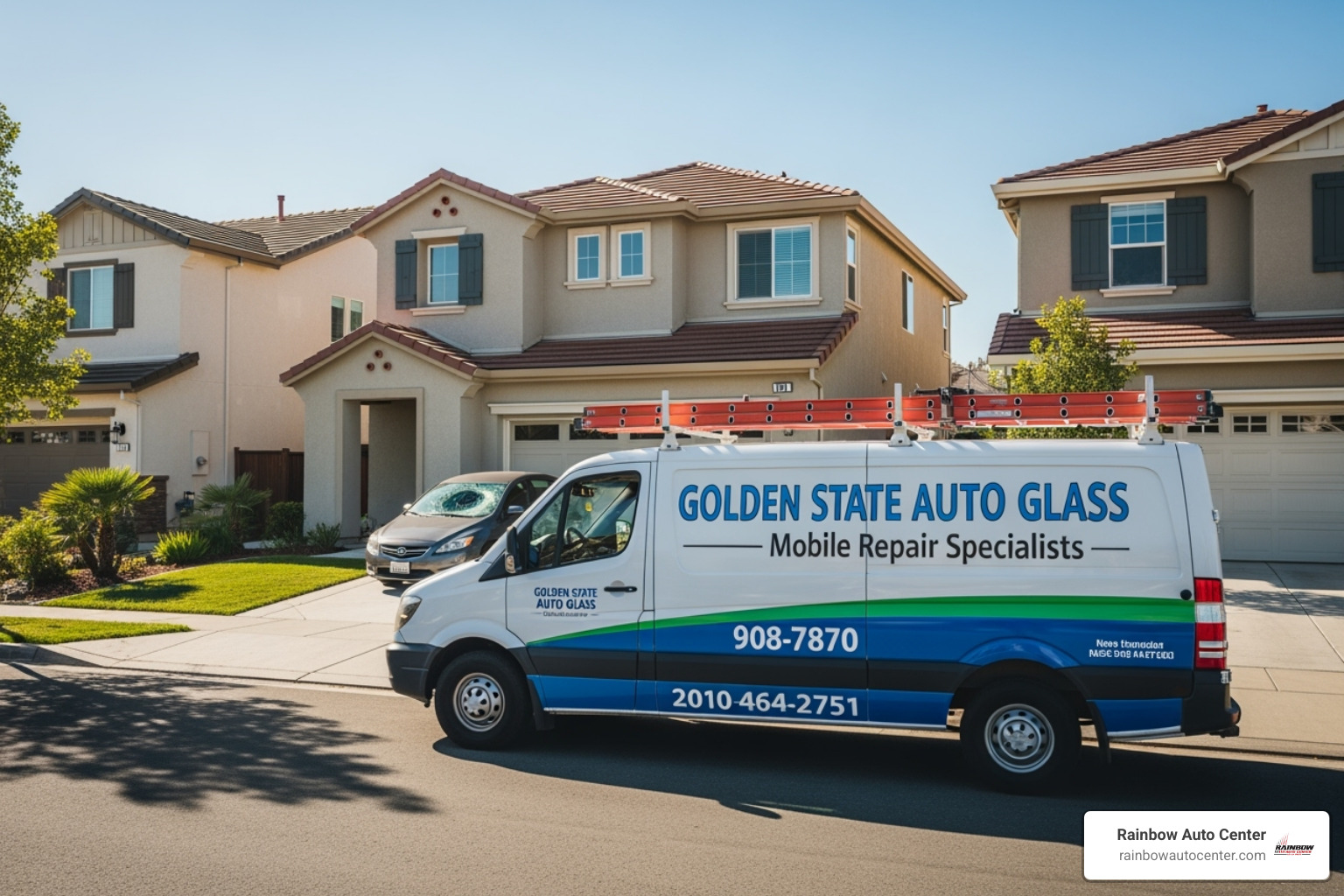 Mobile auto glass repair van arriving at a customer's home in Hayward - auto glass repair Mobile auto glass repair van arriving at a customer's home in Hayward - auto glass repair